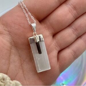Satin Spar Selenite Black Tourmaline Pendant Silver‎ Healing Crystal Jewelry